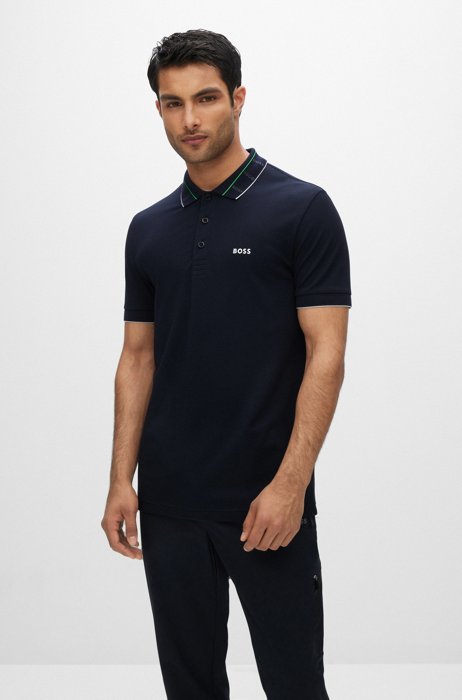 Slim-fit polo shirt with logo-print collar, Dark Blue