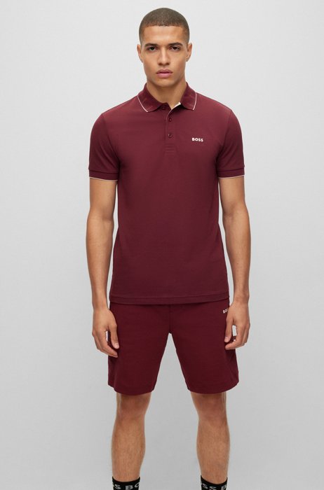Slim-fit polo shirt with logo-print collar, Dark Red