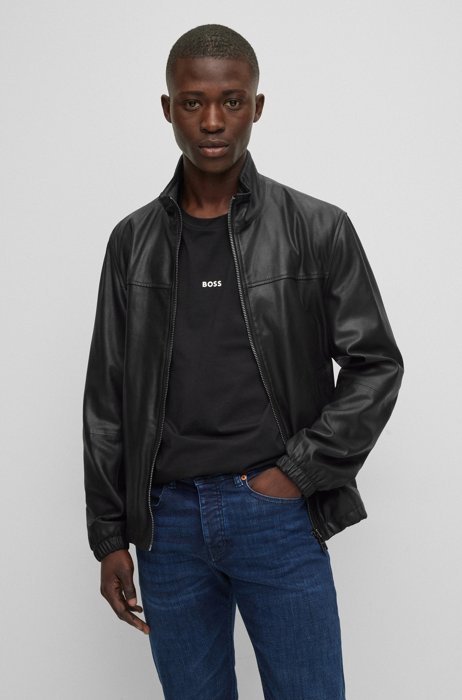 Regular-Fit Jacke aus gewachstem Leder mit Logo-Detail, Schwarz