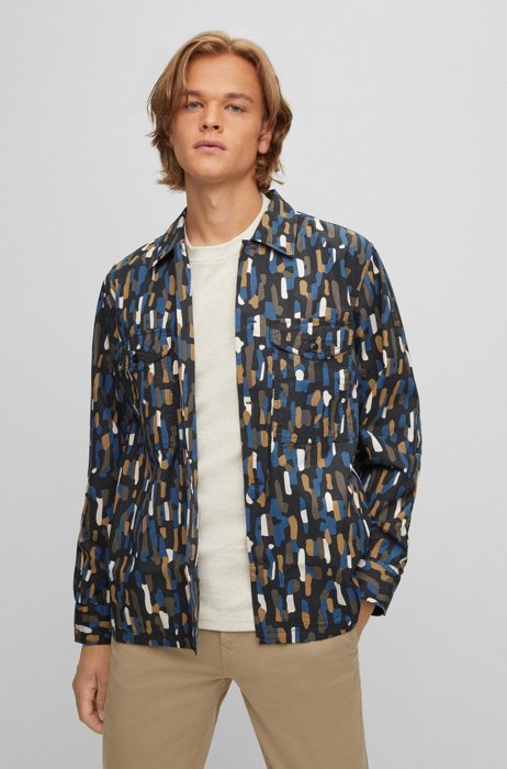 Oversized-fit overshirt in camouflage-print ripstop cotton, Black Patterned