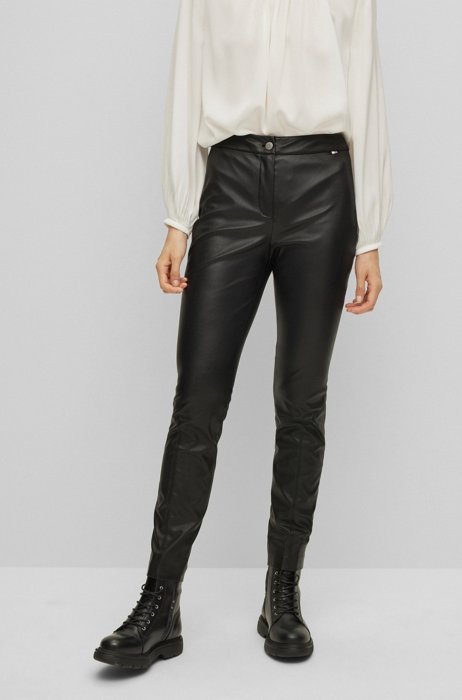 Slim-fit high-waisted trousers in faux leather, Black