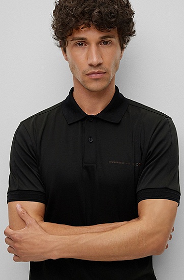 BOSS 博斯Porsche x BOSS 饰有合作款品牌标识的双面布棉质修身 Polo 衫,  001_Black