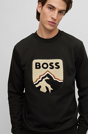 BOSS 博斯毛巾布贴花装饰大版型法国毛圈布运动衫,  001_Black