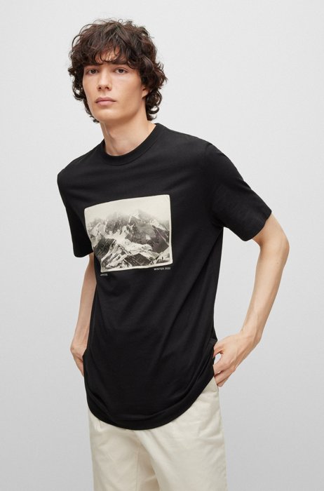 T-Shirt aus Baumwoll-Jersey mit Berg-Print, Schwarz