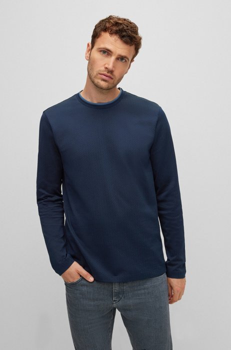 Mercerised-cotton T-shirt with basket-weave structure, Dark Blue