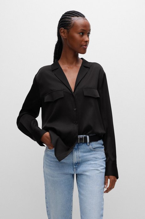 Regular-fit blouse in stretch silk with logo trim, Black