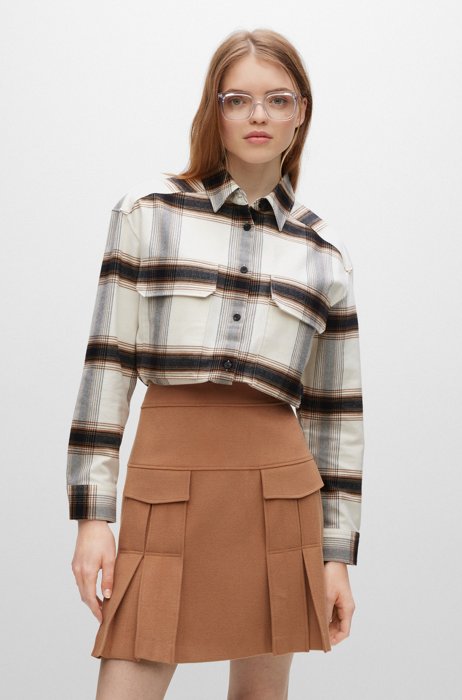 Cropped oversized-fit blouse in checked cotton flannel, Patterned