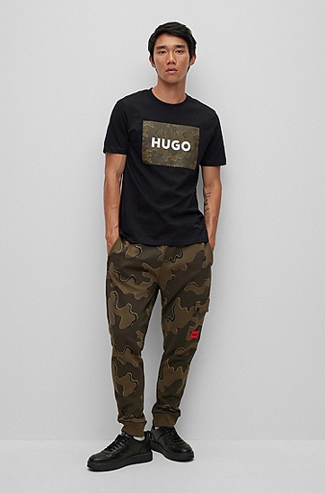 HUGO 雨果迷彩印花品牌标识棉质平纹针织 T 恤,  001_Black