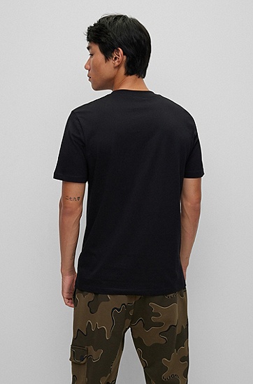 迷彩印花品牌标识棉质平纹针织 T 恤,  001_Black
