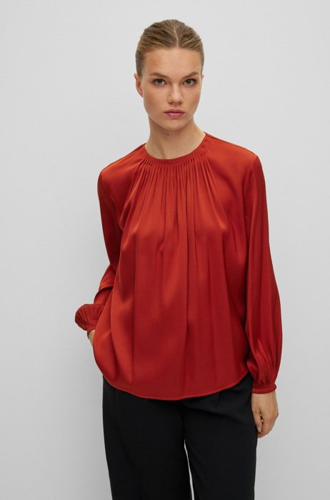 Top regular fit de seda elástica con cuello fruncido, Rojo