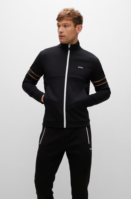 Cotton-blend zip-up sweatshirt with logo tape, Black