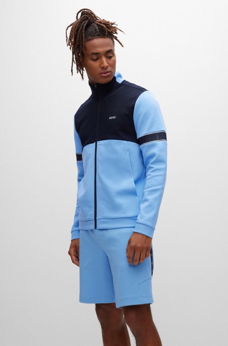 Cotton-blend zip-up sweatshirt with logo tape, Blue