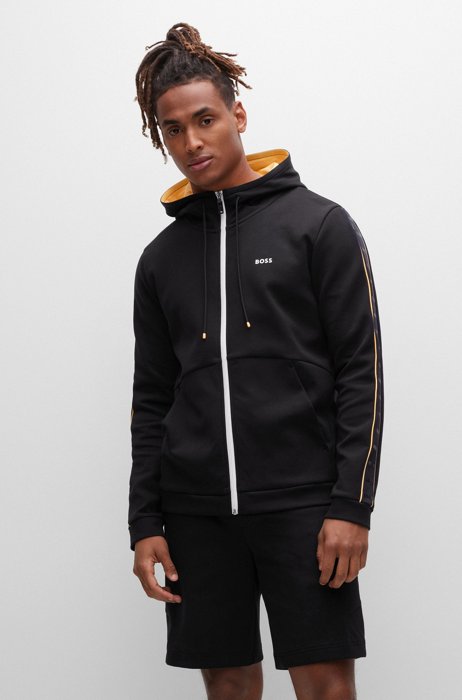 Cotton-blend zip-up hoodie with logo-tape inserts, Black