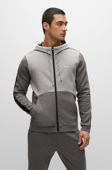 Cotton-blend zip-up hoodie with logo-tape inserts, Grey