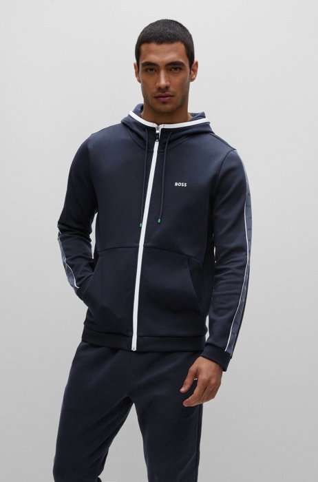 Cotton-blend zip-up hoodie with logo-tape inserts, Dark Blue