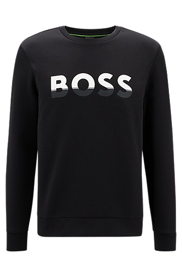 BOSS 博斯拼色徽标棉质混纺运动衫,  002_Black