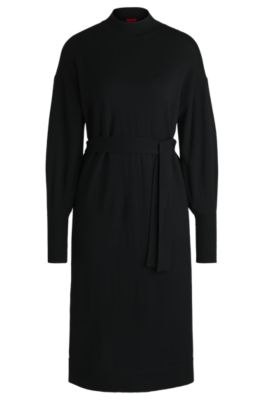 Long-sleeved dress in virgin wool with tie belt, Black