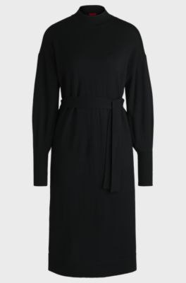 Long-sleeved dress in virgin wool with tie belt, Black