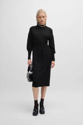 Long-sleeved dress in virgin wool with tie belt, Black