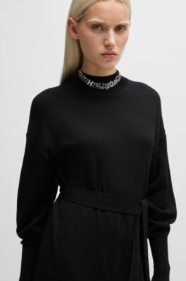 Long-sleeved dress in virgin wool with tie belt, Black