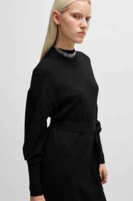 Long-sleeved dress in virgin wool with tie belt, Black