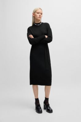 Long-sleeved dress in virgin wool with tie belt, Black