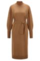 Long-sleeved belted dress in virgin wool, Brown