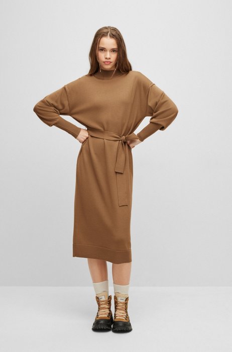 Long-sleeved belted dress in virgin wool, Brown