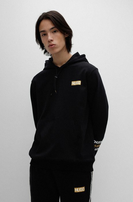 Interlock-cotton hooded sweatshirt with logo details, Black