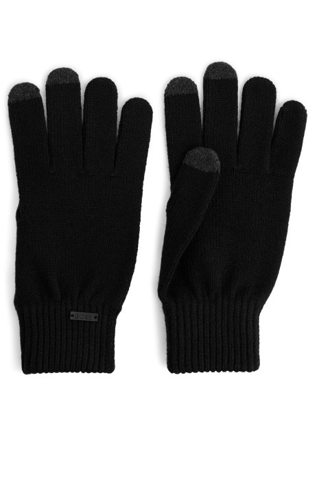 Handschoenen van zachte garens met logodetail en touchscreenvriendelijke vingertoppen , Zwart