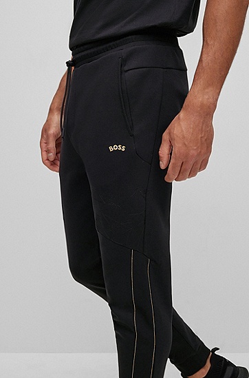 网格艺术风图案棉质混纺运动裤,  001_Black