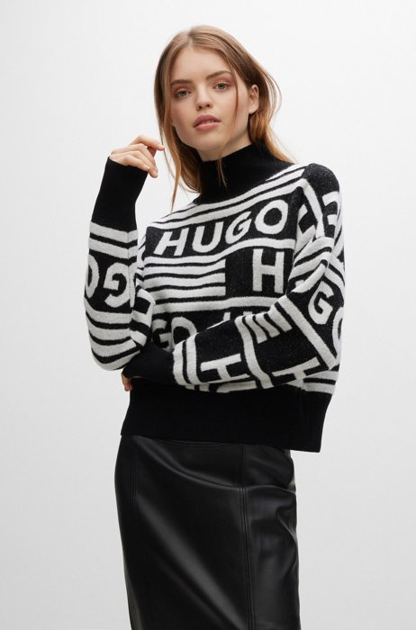 Logo-jacquard oversized-fit sweater with mock neckline, Patterned