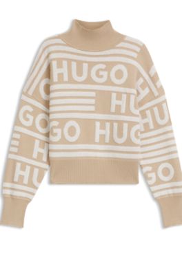 Logo-jacquard oversized-fit sweater with mock neckline, Beige Patterned