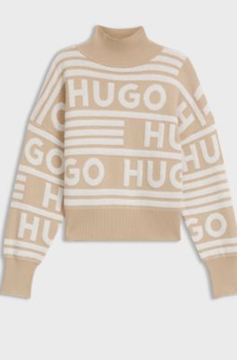 Oversized Pullover mit Stehkragen und Jacquard-Logos, Beige gemustert