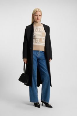 Oversized Pullover mit Stehkragen und Jacquard-Logos, Beige gemustert