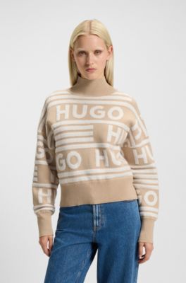 Oversized Pullover mit Stehkragen und Jacquard-Logos, Beige gemustert