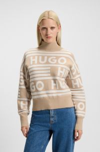 Maglione oversize con collo a lupetto e logo jacquard, Beige a motivi