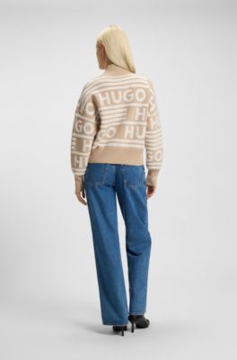 Oversized Pullover mit Stehkragen und Jacquard-Logos, Beige gemustert