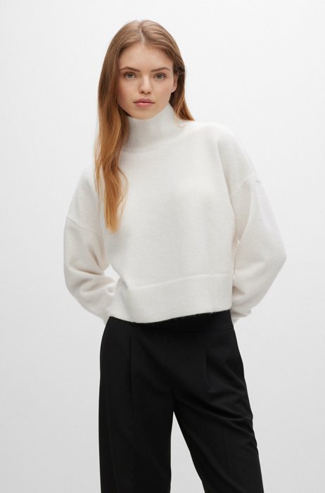 Relaxed-fit sweater with rolled neckline and ribbed trims, White