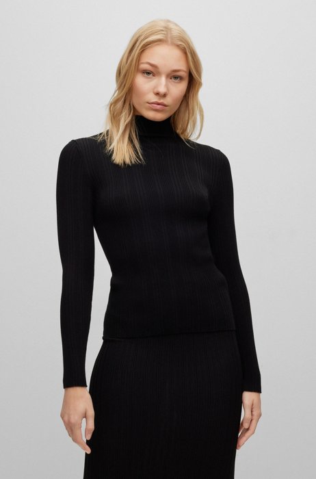 Mixed-rib slim-fit sweater with mock neckline, Black