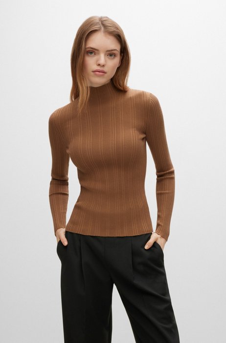 Mixed-rib slim-fit sweater with mock neckline, Brown