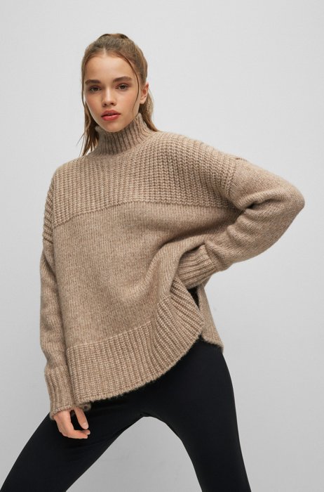 Oversized-fit sweater with mixed structures and funnel neckline, Beige