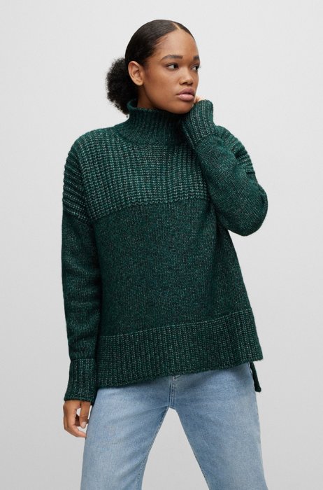 Oversized-fit sweater with mixed structures and funnel neckline, Dark Green