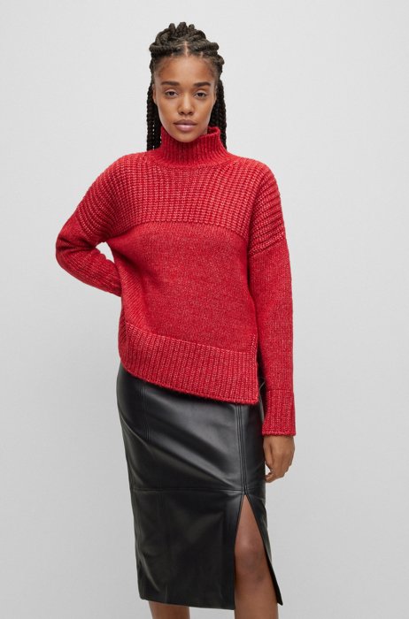 Oversized-fit sweater with mixed structures and funnel neckline, Red