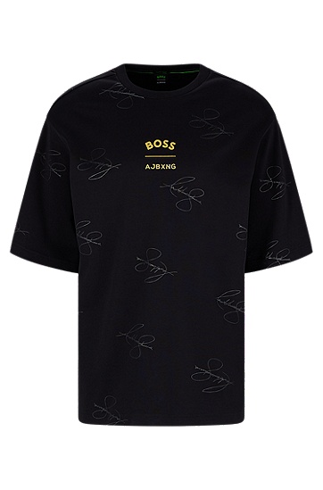 BOSS 博斯饰有合作款品牌标识和特色装饰的双面布棉质 T 恤,  001_Black