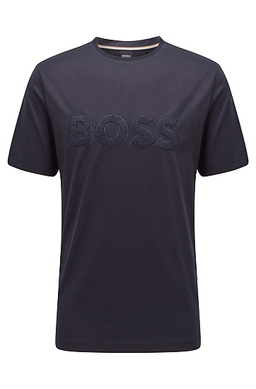 BOSS 博斯毛巾布徽标常规版型棉质平纹针织 T 恤,  404_Dark Blue