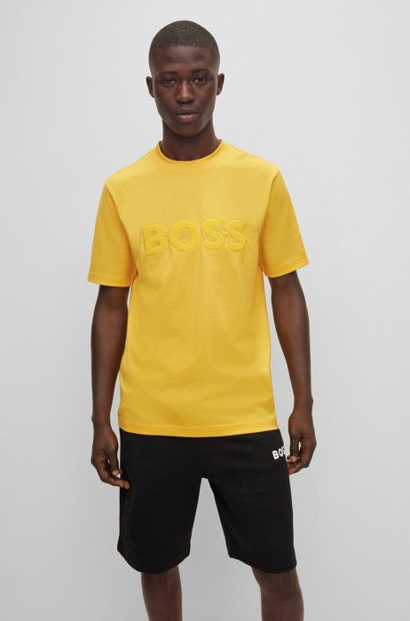 Cotton-jersey regular-fit T-shirt with toweling logo, Light Yellow