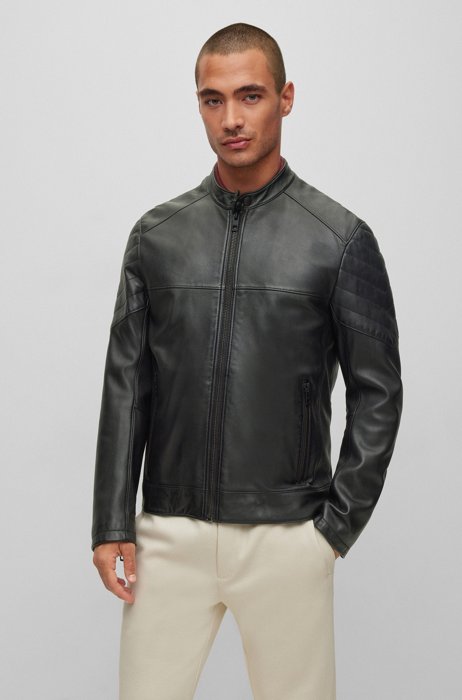 Slim-fit jacket in lamb leather with quilted details, Black