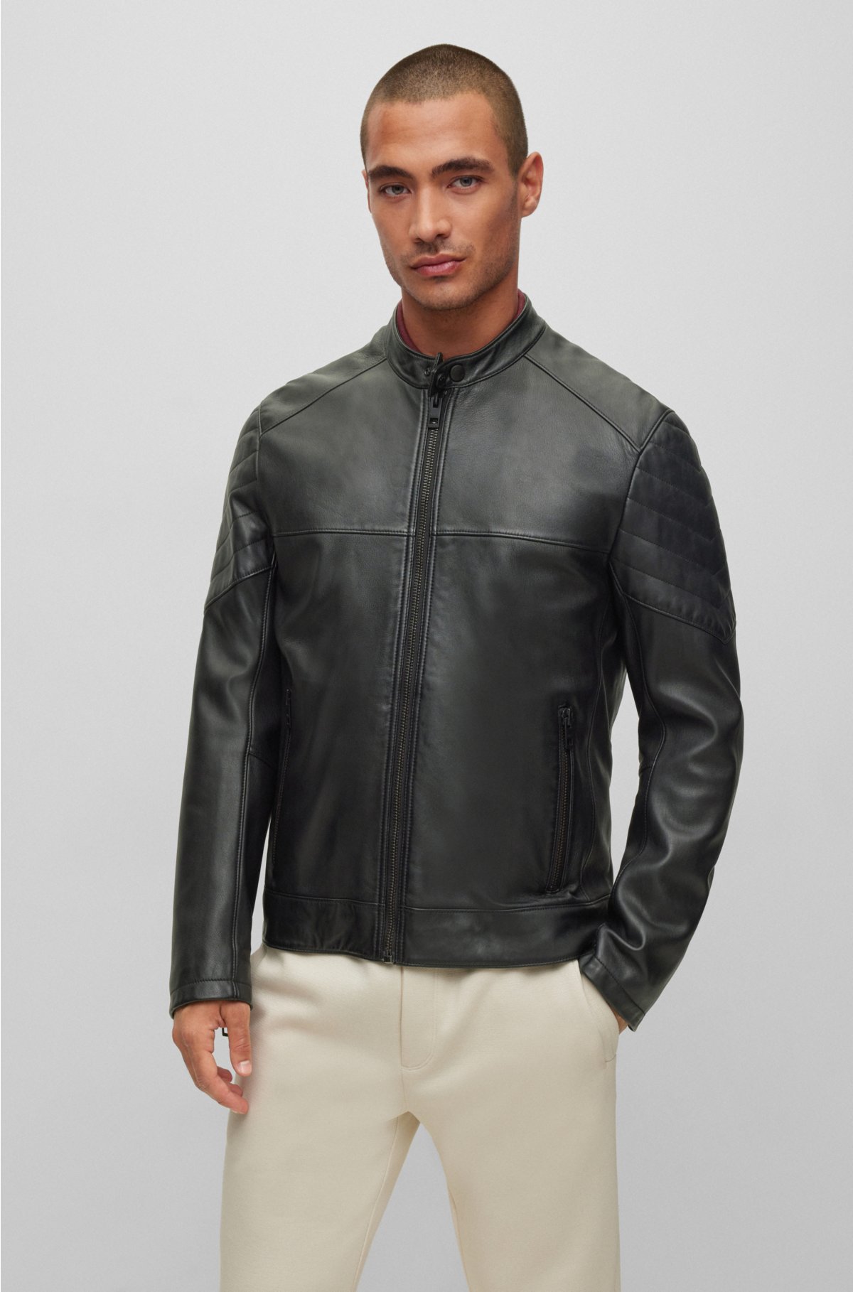 - Slim-fit jacket lamb leather quilted details
