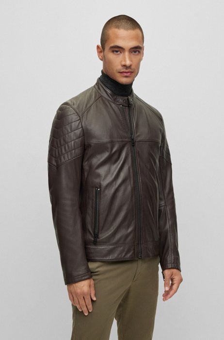 Slim-fit jacket in lamb leather with quilted details, Dark Brown